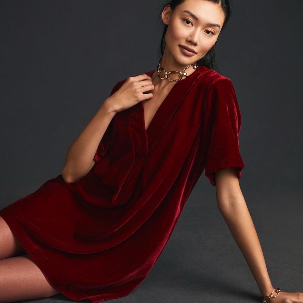 NWT Anthropologie Sunday in Brooklyn Red Velvet V-Neck Dress Sz S